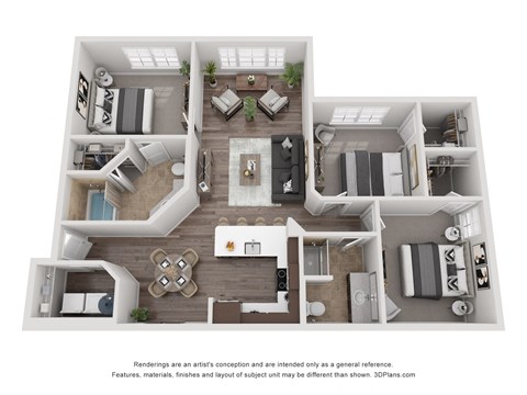 Floor plan for 3 beds, 2 baths, 1291 sqft